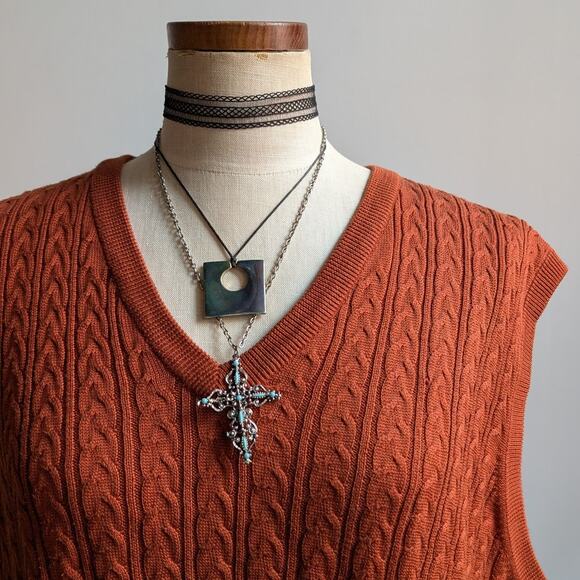 Vintage Silk Cable Knit Sweater Vest Rust Orange Grandpa Cottage Preppy Top XL - Picture 4 of 9